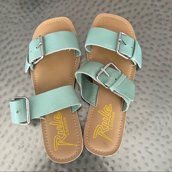 Rule London Leather Double Buckle Slides in Mint - Picture 3 of 8